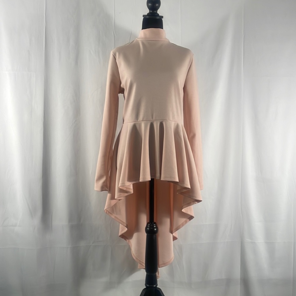 Blush pink,Mock turtle neck,long sleeve, high low ruffle top,dress,large